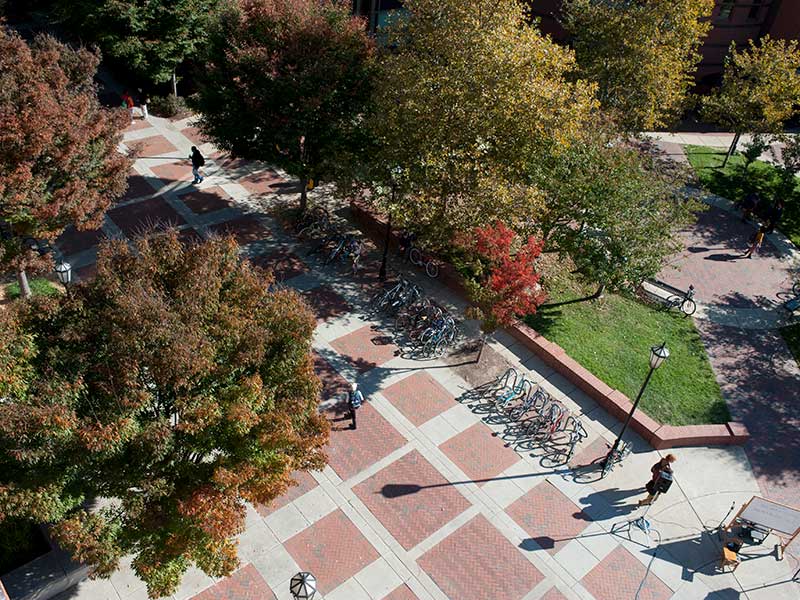 an aerial view of the promenade in front of Hibbs Hall on the v. c. u. campus.