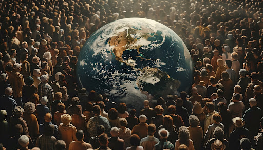 Illustration of a globe surrounded by a crowd of people