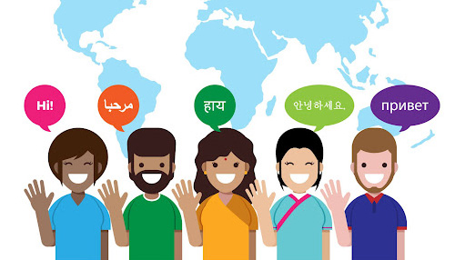 Illustration of five people from different countries with speech bubbles saying hello in their native language; behind them is a map of the world