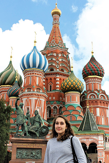 Marina Pugh stands in front of Saint Basils Cathedral in Moscow